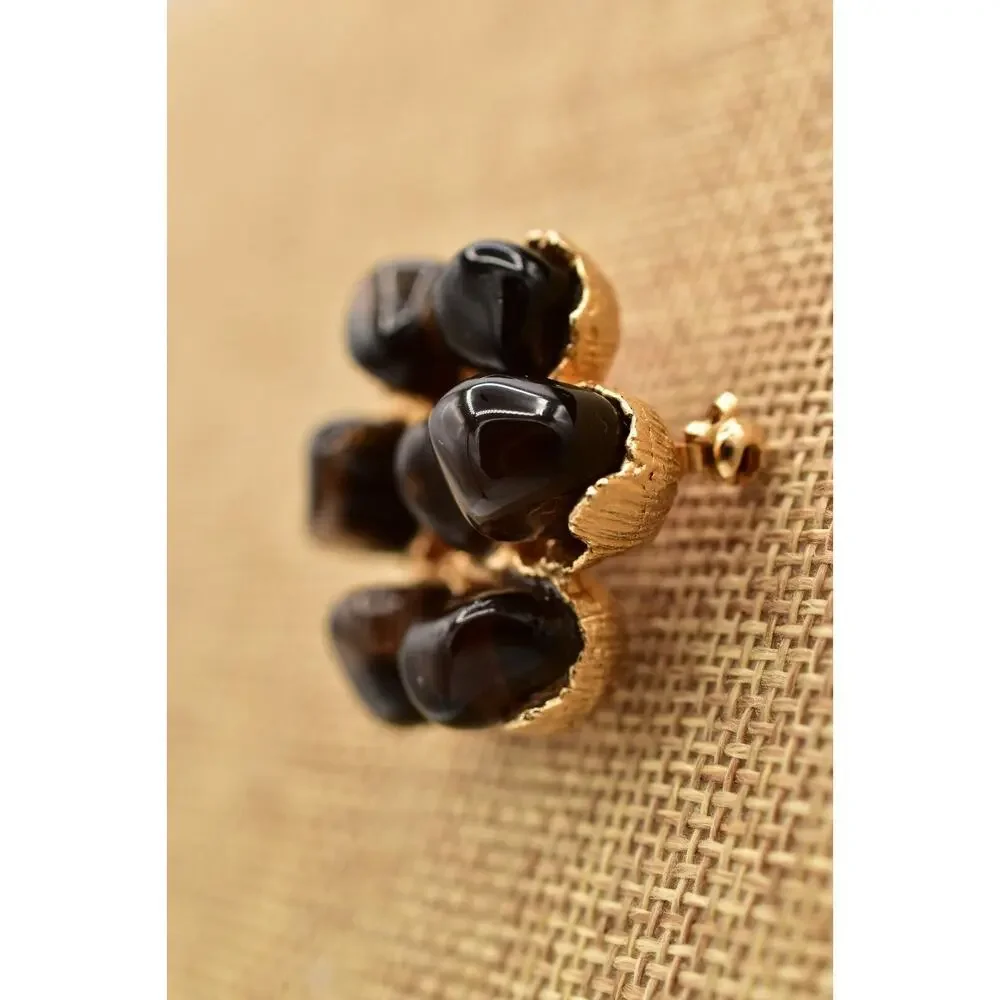 Vintage Cabochon Pin Brooch Black Black Gold Tone Chunky Floral 1990s BinB